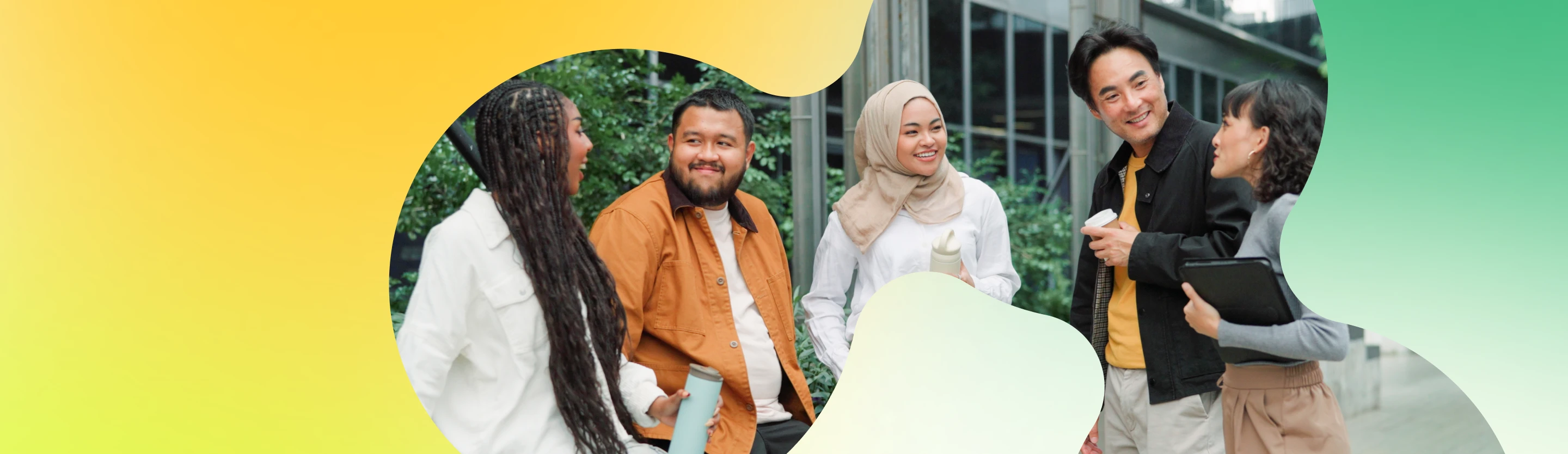 a group of people talking in a green city