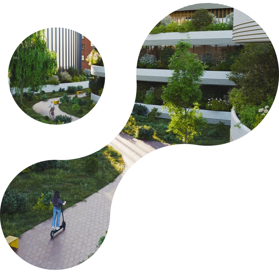 glimpse of a condominium with trees and gardens
